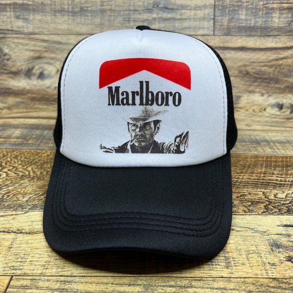 Marlboro Man Mens Trucker Hat Black Snapback Vintage Cigarette Ad Baseball Cap - Picture 2 of 8